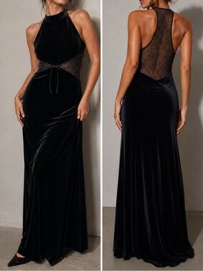 Vintage 90s Black Velvet High Neck Mesh Cutout Beaded Gown Full Length Dress